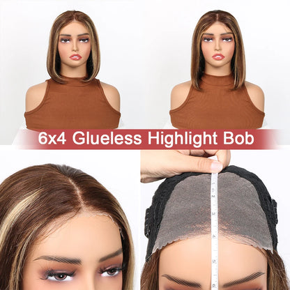 6x4 HD Lace Front Bob Wigs 14 Inch Highlight Human Hair Wigs Pre Plucked Short Straight Bob Hair 4/27 Ombre Hair Wigs for Women