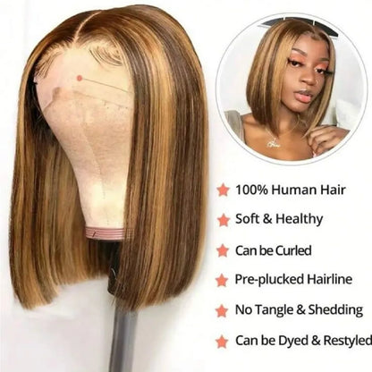 6x4 HD Lace Front Bob Wigs 14 Inch Highlight Human Hair Wigs Pre Plucked Short Straight Bob Hair 4/27 Ombre Hair Wigs for Women