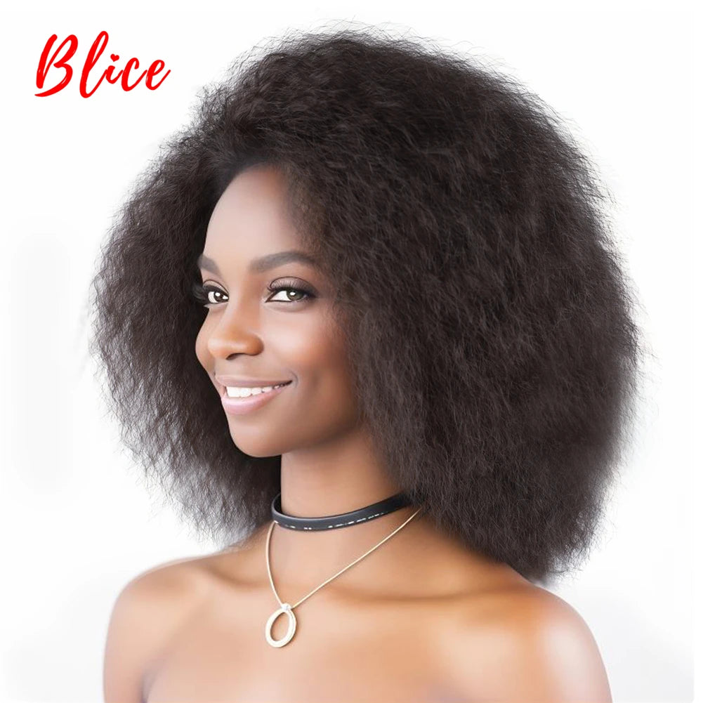 Blice 6Inch Short Synthetic Wigs Kinky Straight Kanekalon Heat Resistant Natural Black Women African American Afro Full Wig