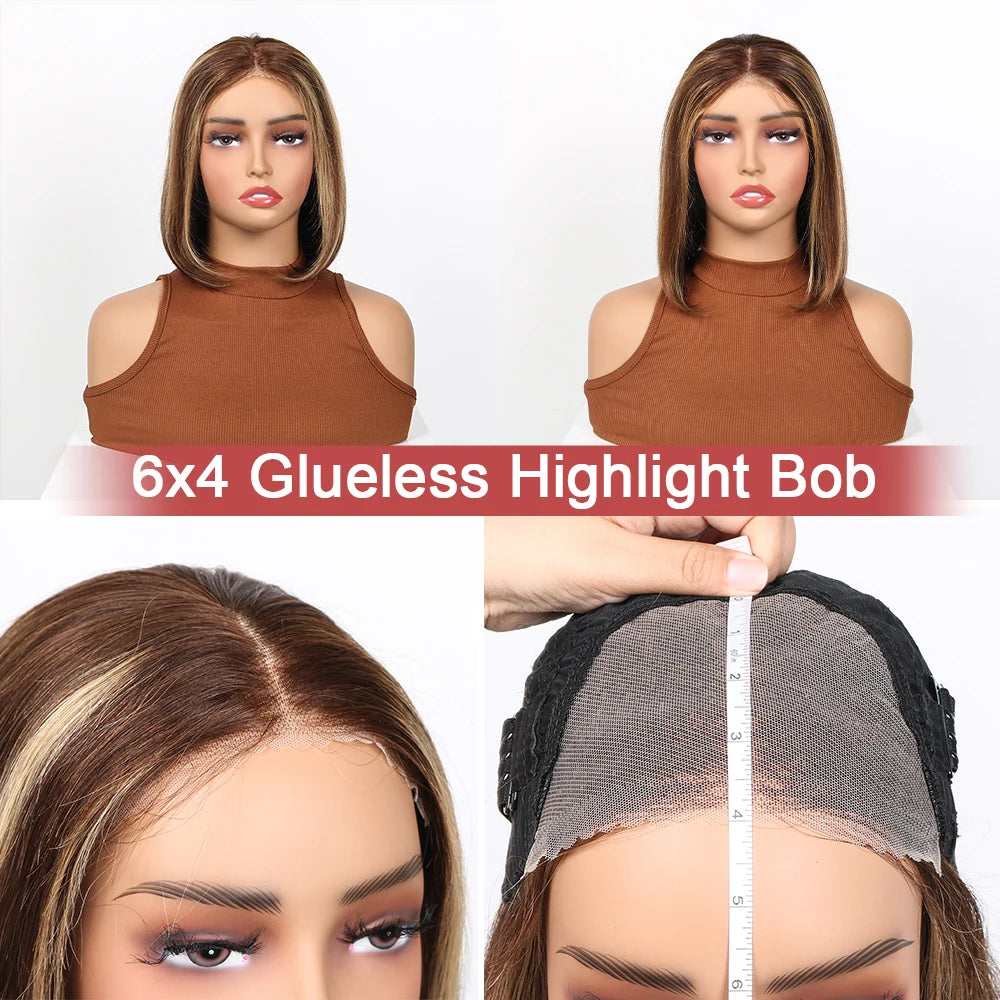 6x4 HD Lace Front Bob Wigs 14 Inch Highlight Human Hair Wigs Pre Plucked Short Straight Bob Hair 4/27 Ombre Hair Wigs for Women